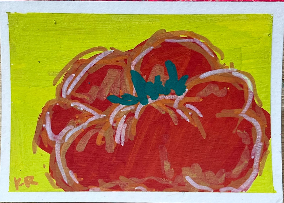 Thumbnail: acrylic painting of a bright red plump tomato set against a bright yellow-green background