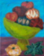 original acrylic painting of colorful heirloom tomatoes inside a yellow-green bowl on a pedestal with fresh herbs