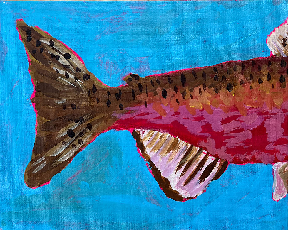 Thumbnail: original acrylic painting of a spawning salmon swimming solo against blue water 