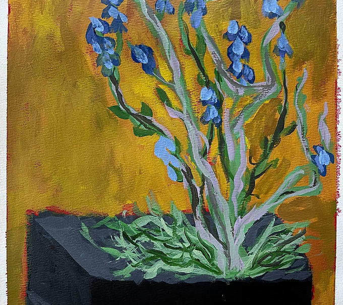 Blue Floral in Black Planter - Original Acrylic Painting on Paper 9x12