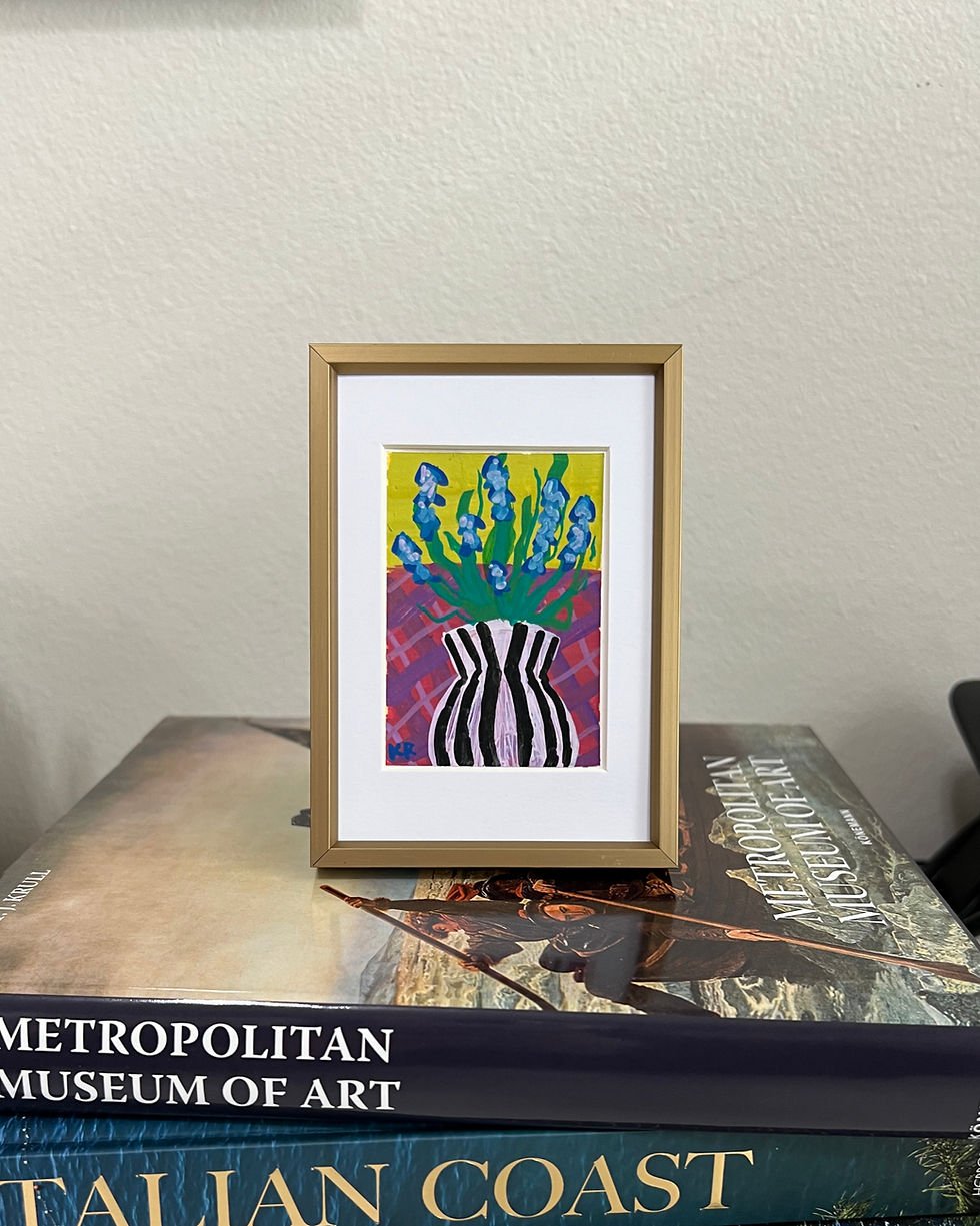 original acrylic painting of blue flowers inside a black and white striped vase sitting on pink and purple plaid with yellow