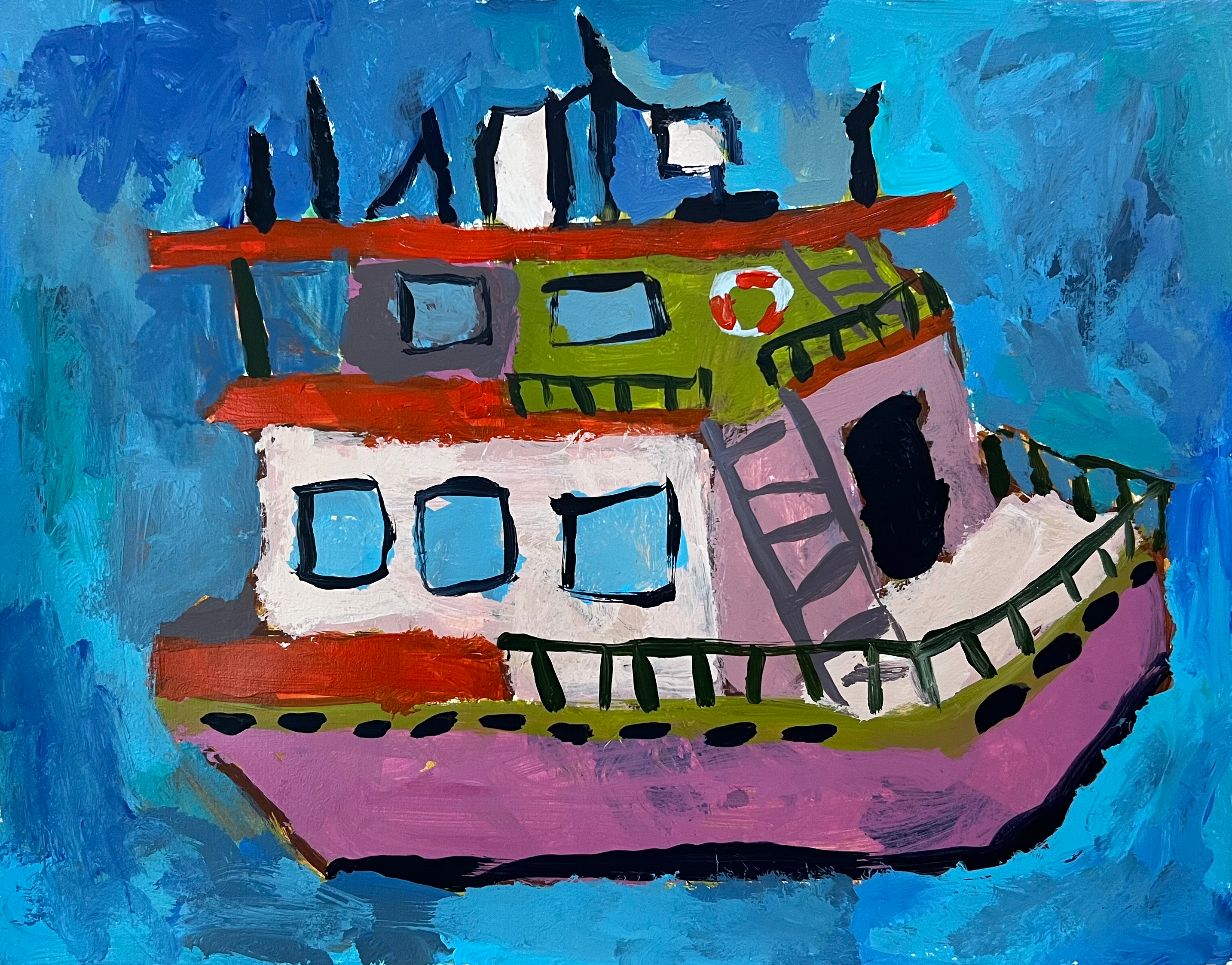Colorful fishing boat painting on a blue background.