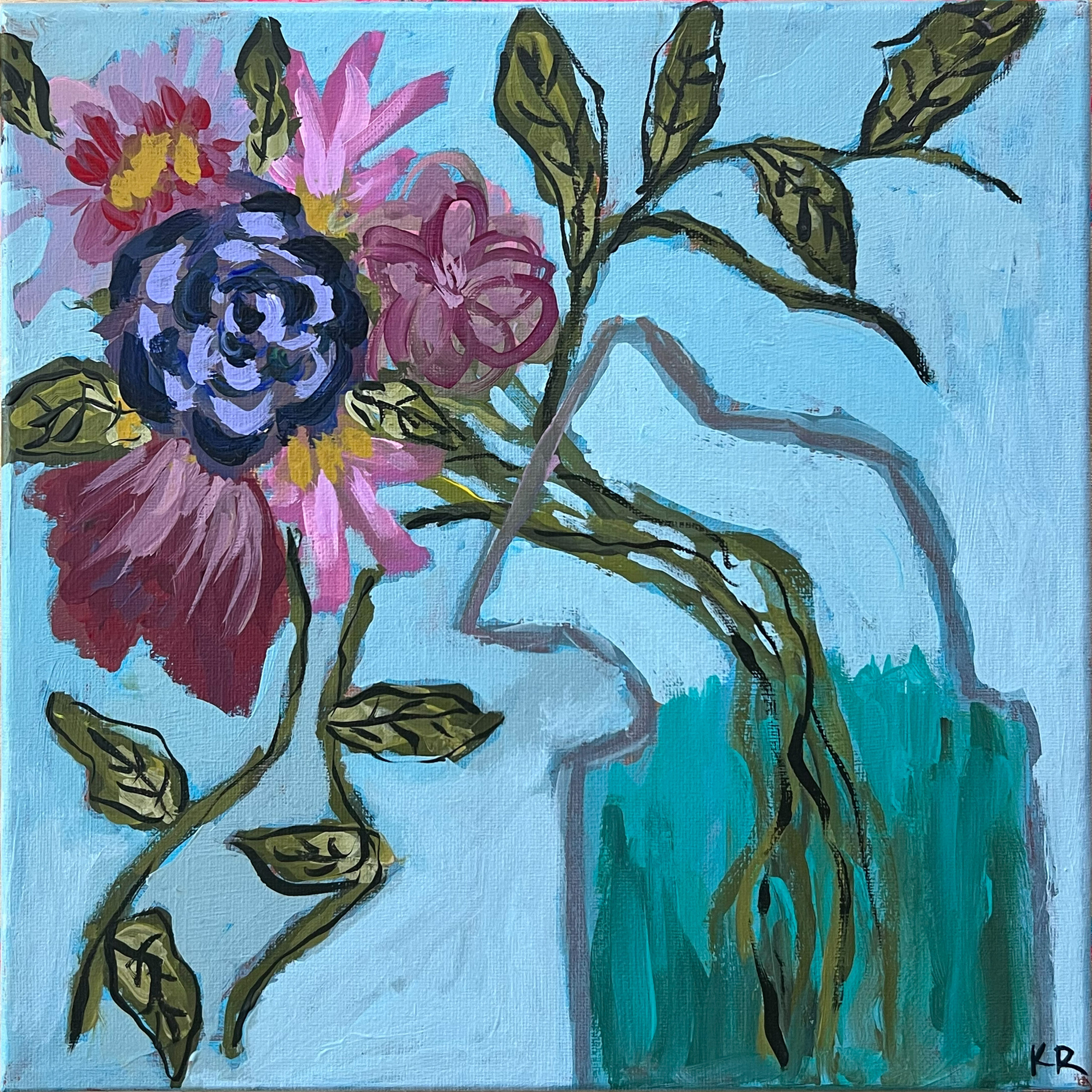 original acrylic painting of a whimsical pink and purple floral bouquet inside a crooked vase with wild leaves and stems