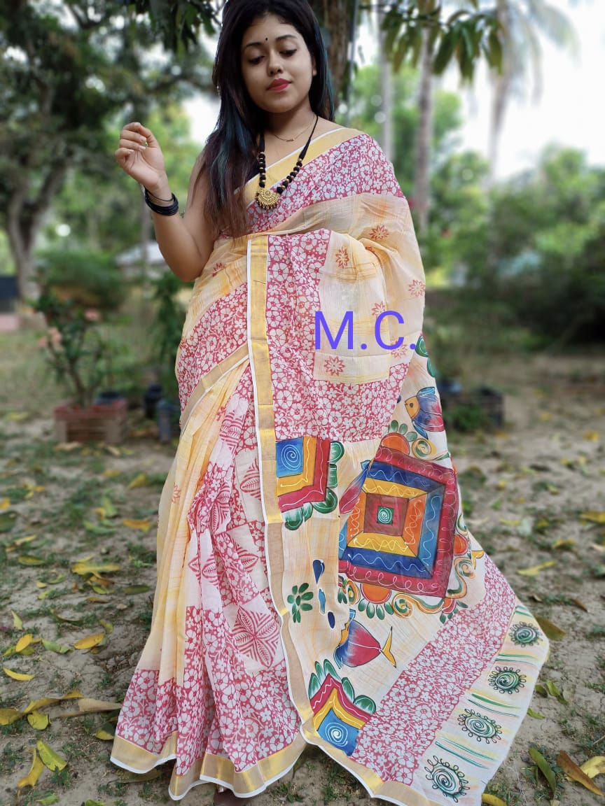 Thumbnail: Kerala Cotton Hand Print Saree