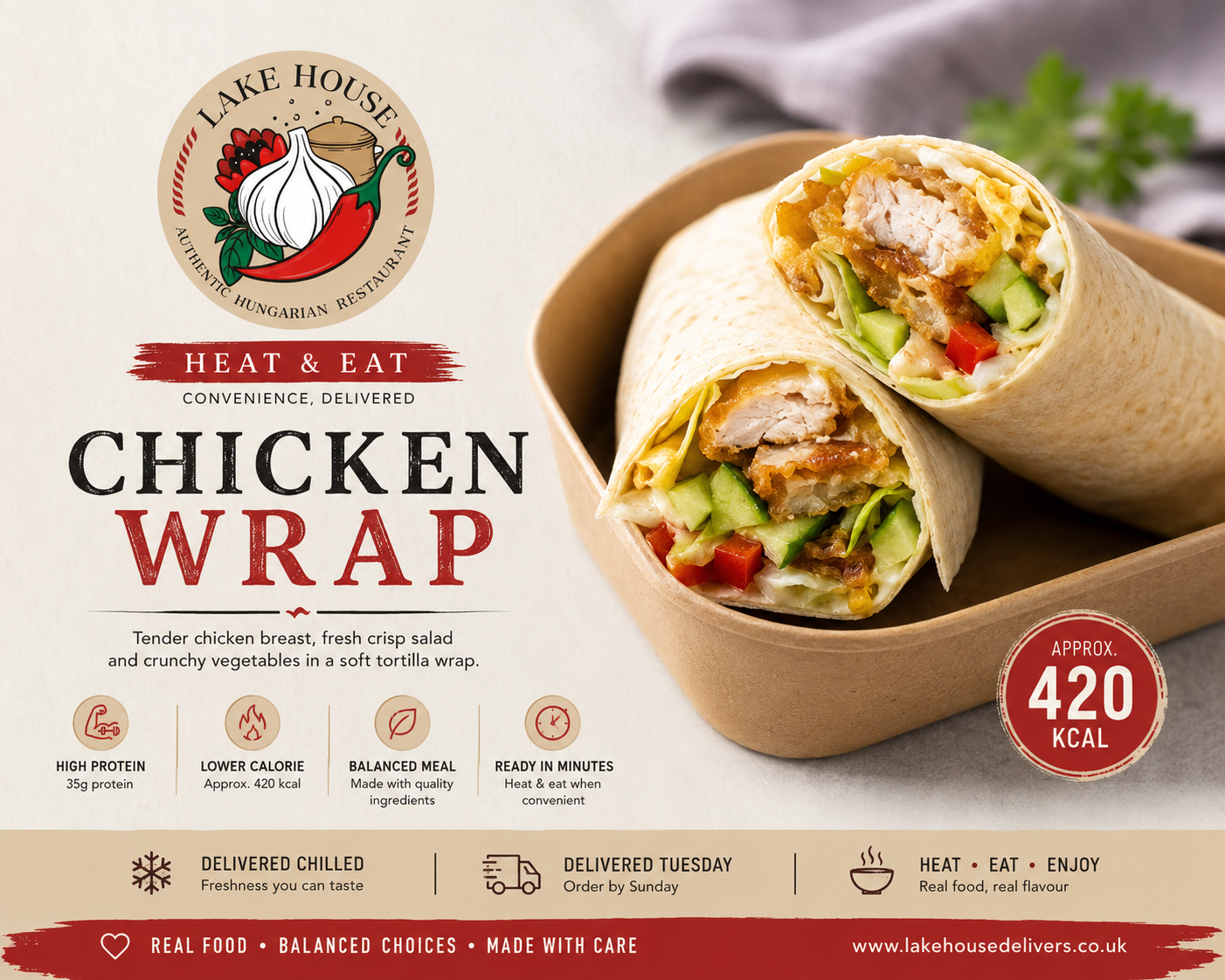 Grilled Chicken Wrap (approx. 420 kcal | High Protein | Balanced Choice)