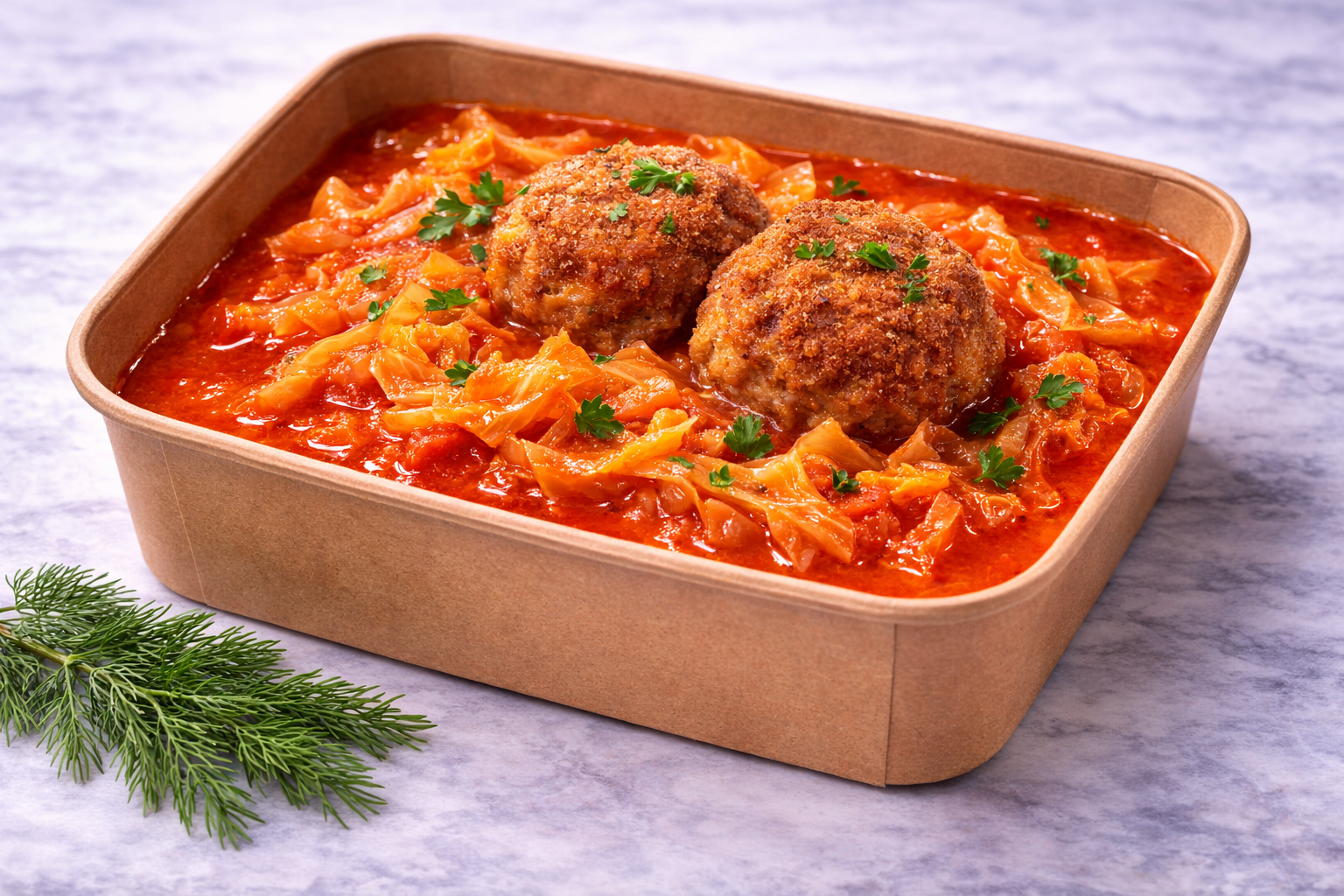 Sweet tomato cabbage stew with fried meatballs