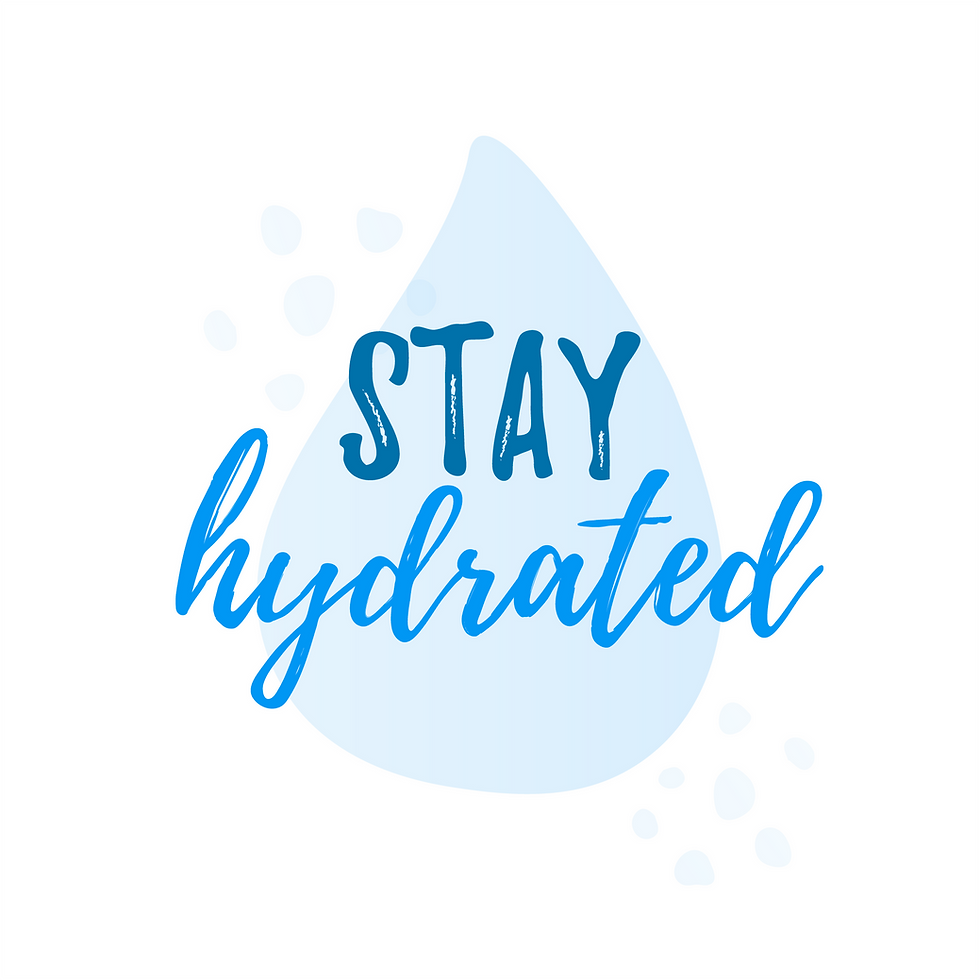 a water droplet graphic overlayed with words "Stay Hydrated"