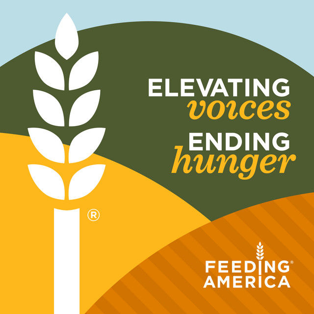 A graphic of hills and a big wheat symbol with the words "Elevating Voices Ending Hunger