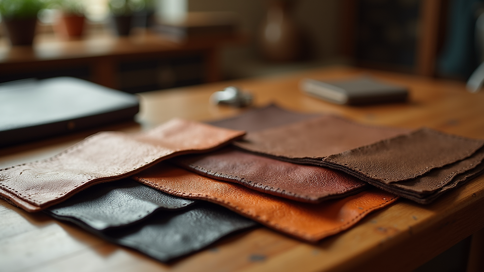 Eye-level view of exotic leather samples arranged on a table