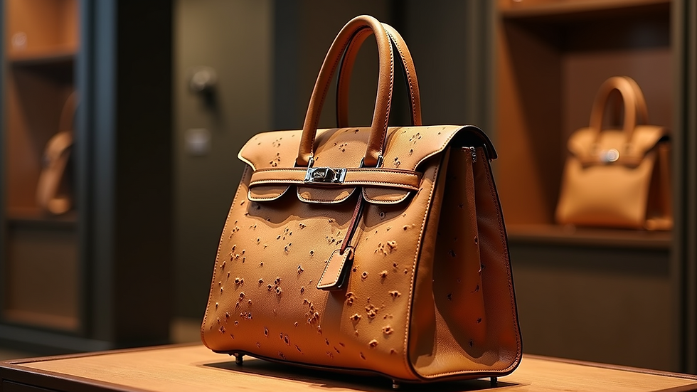 High angle view of a luxury ostrich leather handbag on display