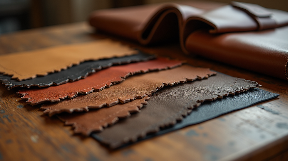 Eye-level view of exotic leather samples arranged on a table