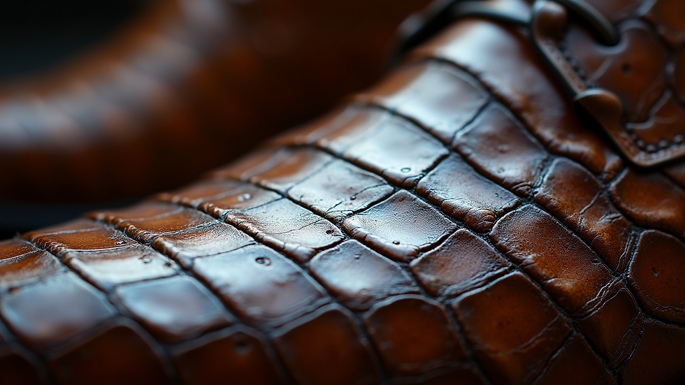 Eye-level view of alligator leather with glossy finish