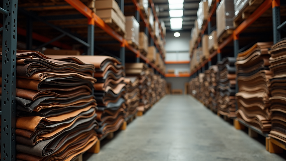 Eye-level view of stacked exotic leather hides in a warehouse