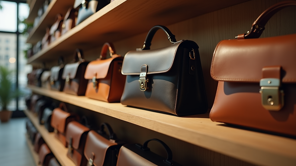 Eye-level view of leather bags displayed on wooden shelves