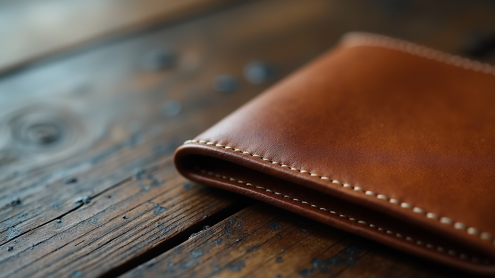 Close-up view of a leather wallet showing texture and stitching