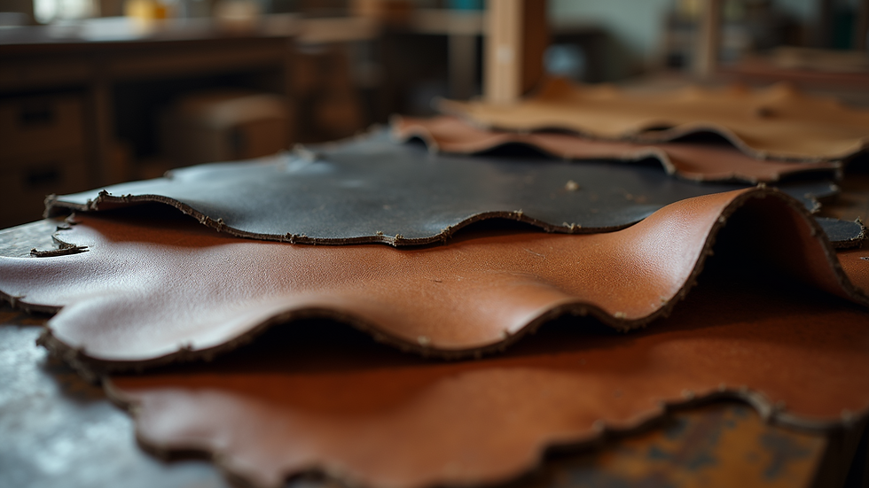 Close-up view of exotic leather hides stacked in a warehouse
