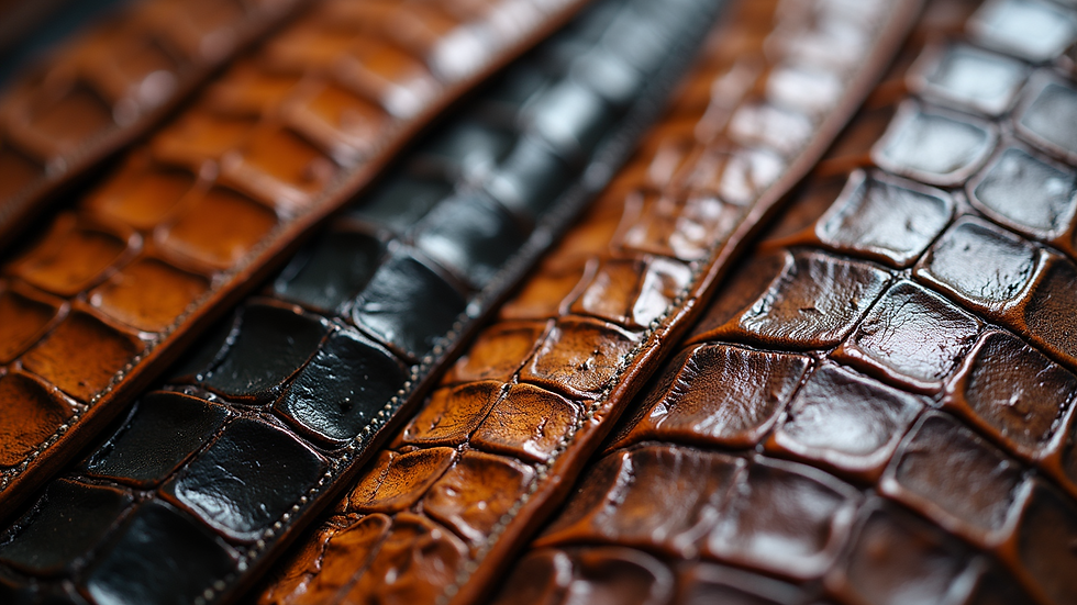 High angle view of crocodile leather samples with scale patterns