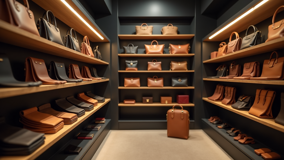 Eye-level view of a leather goods store with shelves of bags and wallets