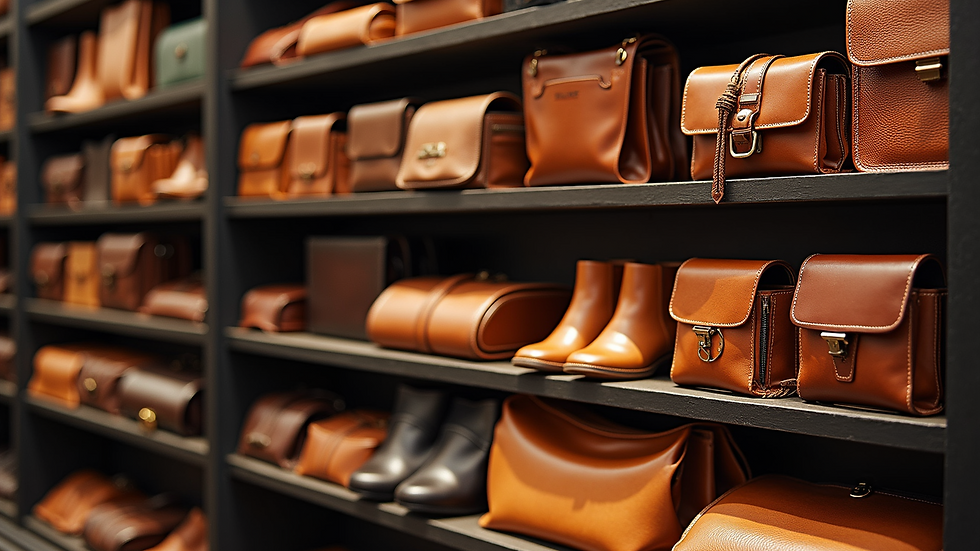 Eye-level view of exotic leather products displayed on shelves