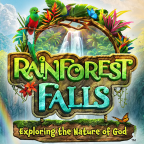 Illustration of a rainforest with waterfall, parrot and tropical plants - Vacation Bible School 2026 - Rainforest Falls Exploring the Nature of God