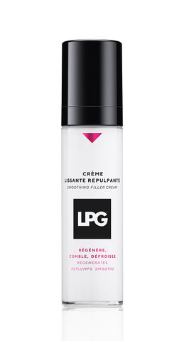 Retouche photo produit LPG Crème lissante repulpante, produit en verre blanc-gris avec capot noir, rendu studio premium sur fond neutre.