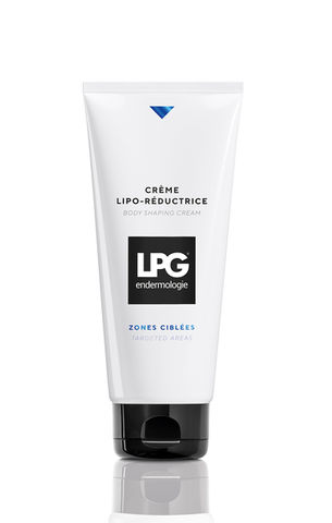 Retouche photo packshot d’un tube crème lipo-réductrice LPG sur fond blanc pour e-commerce.