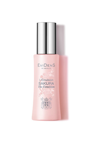 Retouche packshot e-commerce flacon Evidens Émulsion Sakura, produit rose clair avec ombre portée sur fond blanc, visuel produit lumineux.