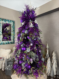 Glamorous purple and silver Christmas tree by Juniper and Gold, styled for bold, modern luxury serving Northern Dallas.