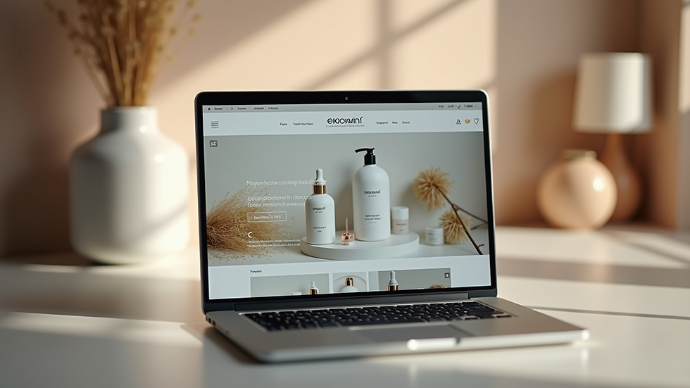 Eye-level view of a laptop displaying luxury skincare products on an online store