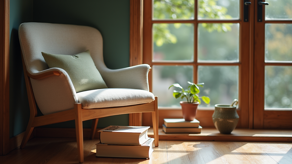 High angle view of a serene reading nook with a comfortable chair and a stack of books
