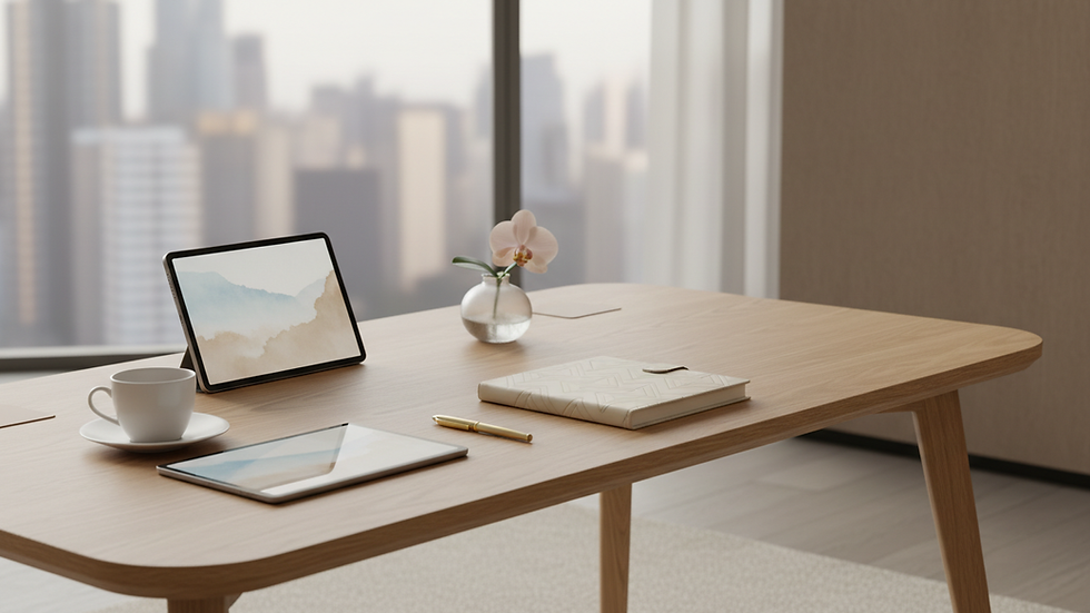 Eye-level view of a sleek office desk with a notebook and pen