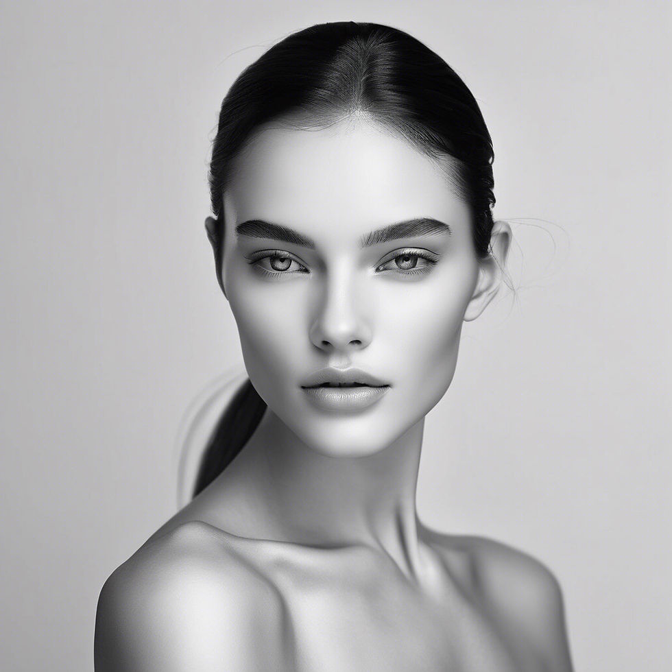Black and white portrait of a woman with slicked-back hair, neutral expression, and smooth skin. Minimalist background.