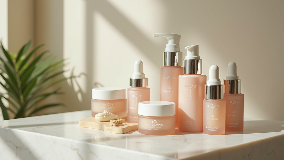 Close-up of an array of skincare products displayed elegantly