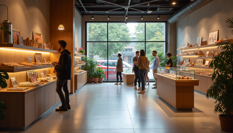 High angle view of a pop-up shop with creative displays and interactive elements