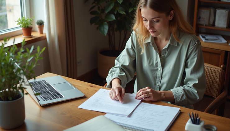 High angle view of a woman preparing notes for a leadership workshop in a cozy home office