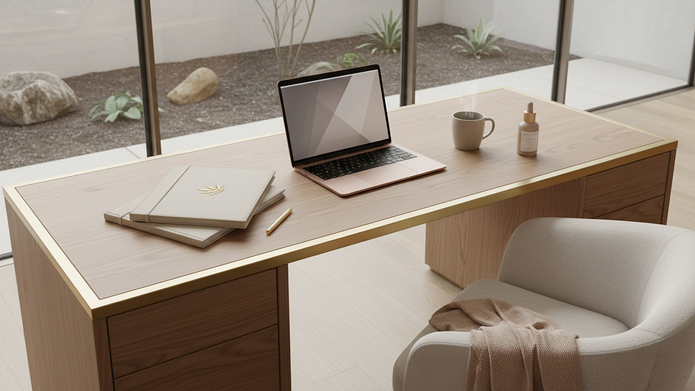 Eye-level view of a sleek modern office desk with a laptop and branded materials