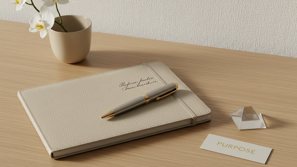 High angle view of a luxury pen and leather-bound notebook on a polished desk