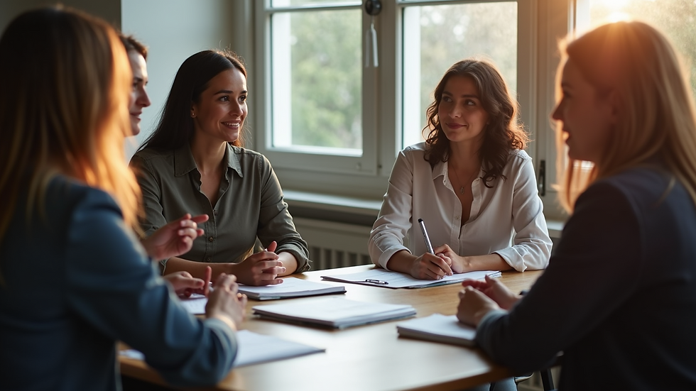 Close-up view of a group discussion on women's leadership principles