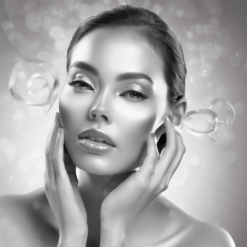 Black and white image of a woman touching her face, surrounded by floating bubbles. Soft lighting creates an ethereal, serene mood.