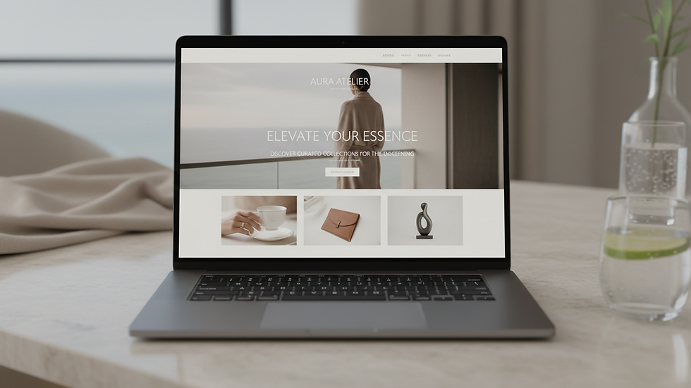 Close-up of a sleek laptop displaying a minimalist luxury website