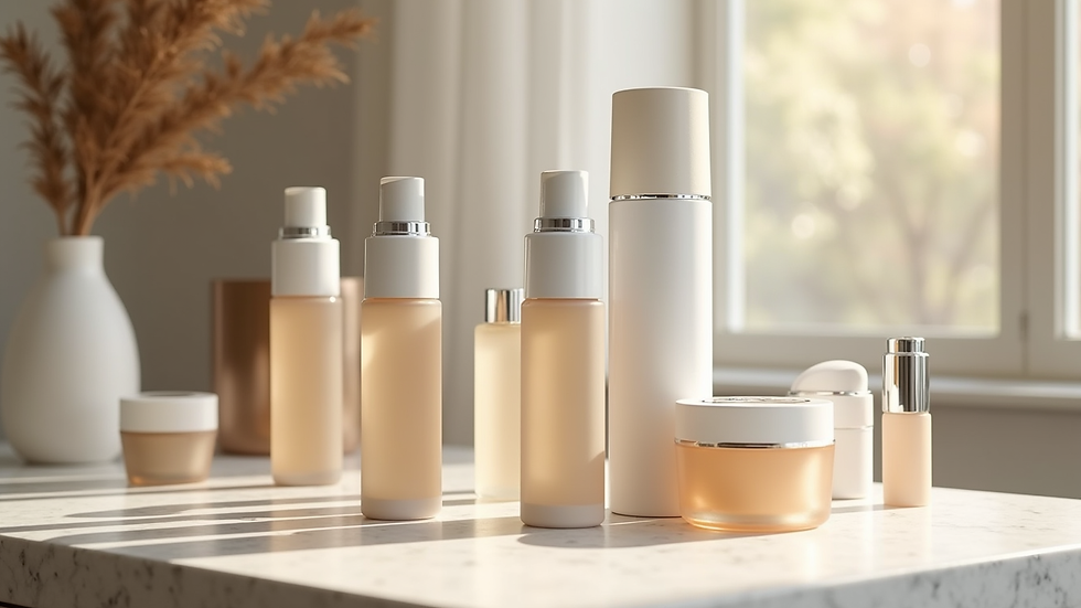 Eye-level view of luxury skincare products arranged on a vanity table