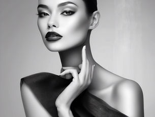 Elegant woman in black and white portrait, wearing dark lipstick and a textured dress. 