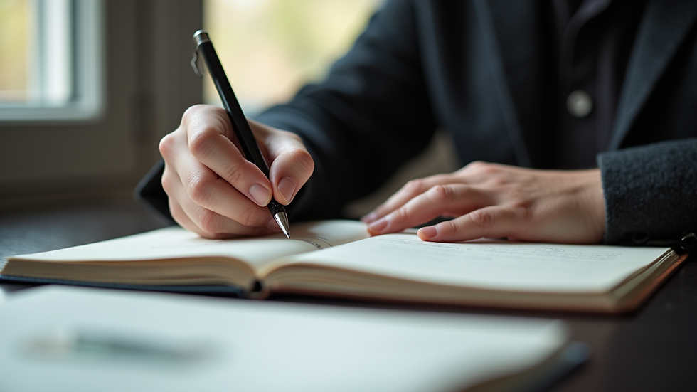Eye-level view of a person writing notes in a journal