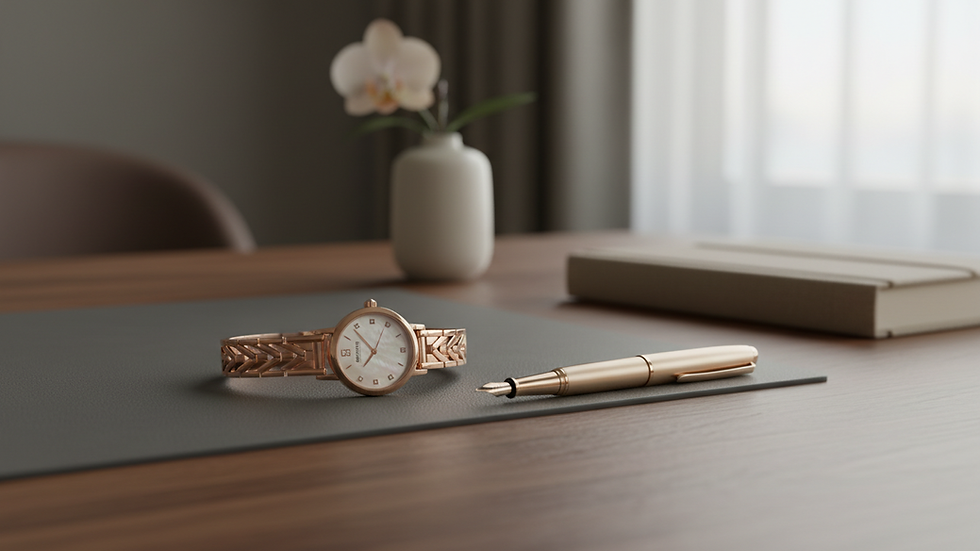 Close-up view of a luxury watch and pen on a polished wooden desk