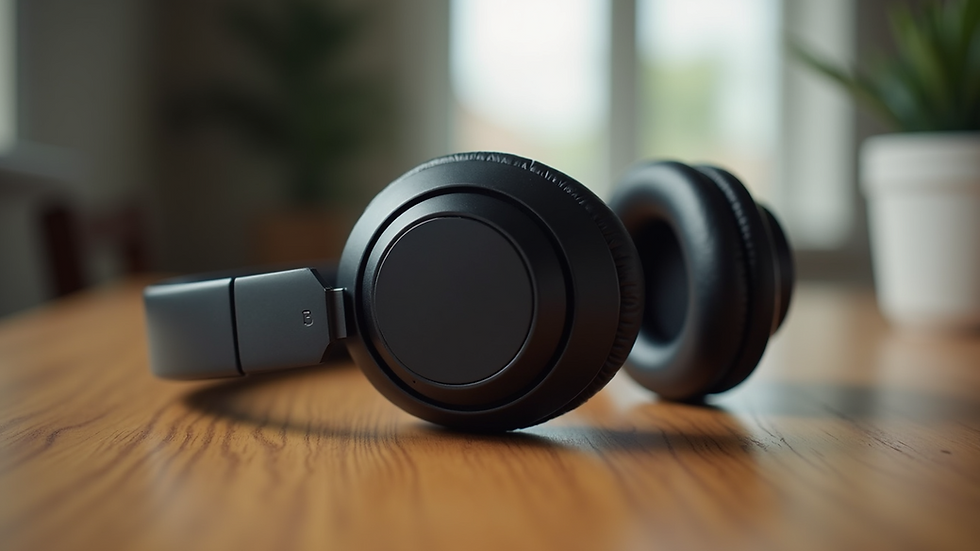 Close-up view of wireless headphones resting on a wooden table