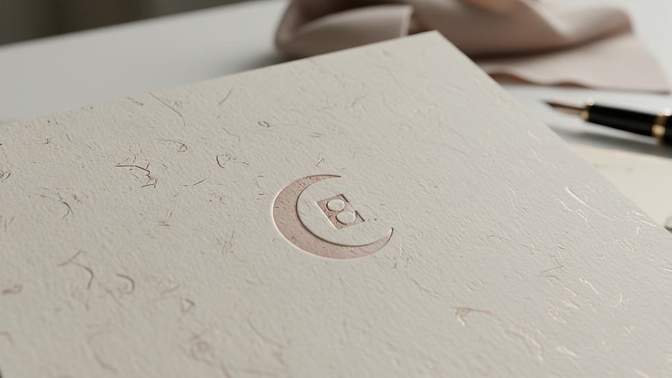 Close-up of a minimalist luxury logo embossed on textured paper