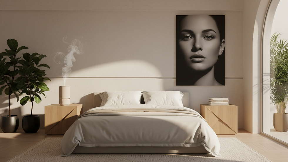 Eye-level view of a serene bedroom with a diffuser and plants