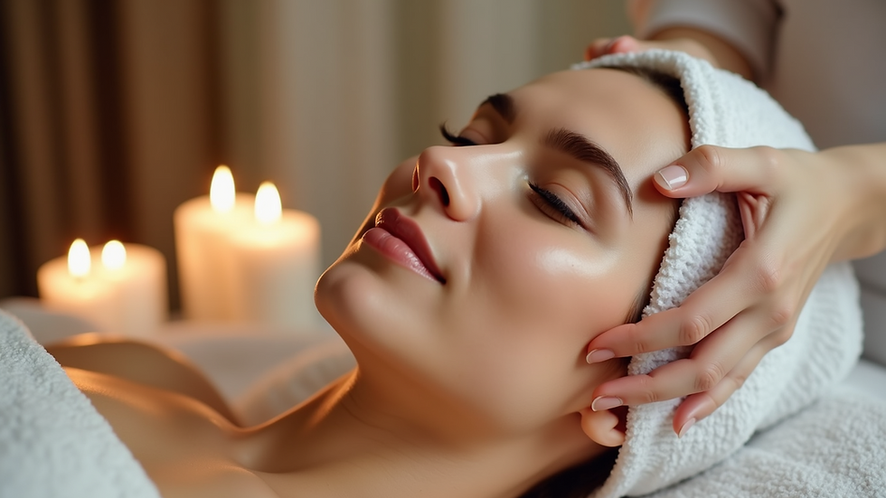 Close-up view of a luxury facial treatment setup with candles and skincare tools