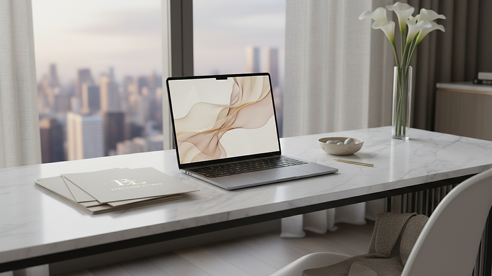 Eye-level view of a sleek modern office desk with a laptop and branding materials
