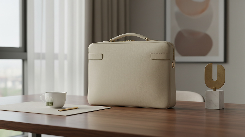 Eye-level view of a luxury leather briefcase on a polished wooden desk